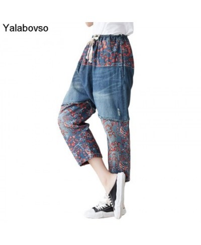 Flower Printed Patchwork Denim Trousers Ladies Summer Design 2023 Japan Style Jeans Women Casual Ripped Harem Pants Big Size ...