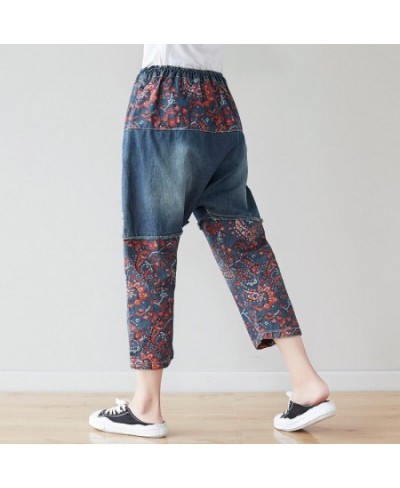 Flower Printed Patchwork Denim Trousers Ladies Summer Design 2023 Japan Style Jeans Women Casual Ripped Harem Pants Big Size ...