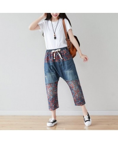 Flower Printed Patchwork Denim Trousers Ladies Summer Design 2023 Japan Style Jeans Women Casual Ripped Harem Pants Big Size ...