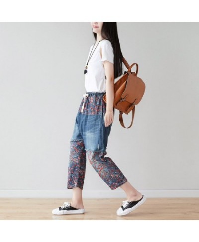 Flower Printed Patchwork Denim Trousers Ladies Summer Design 2023 Japan Style Jeans Women Casual Ripped Harem Pants Big Size ...