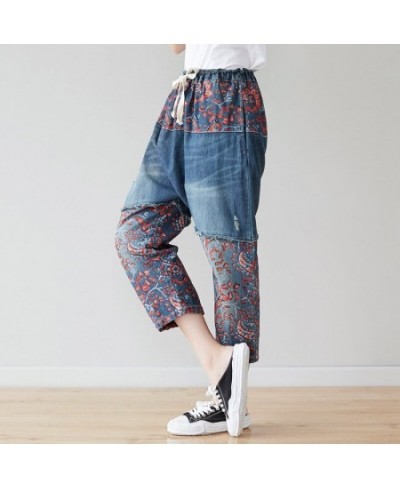 Flower Printed Patchwork Denim Trousers Ladies Summer Design 2023 Japan Style Jeans Women Casual Ripped Harem Pants Big Size ...