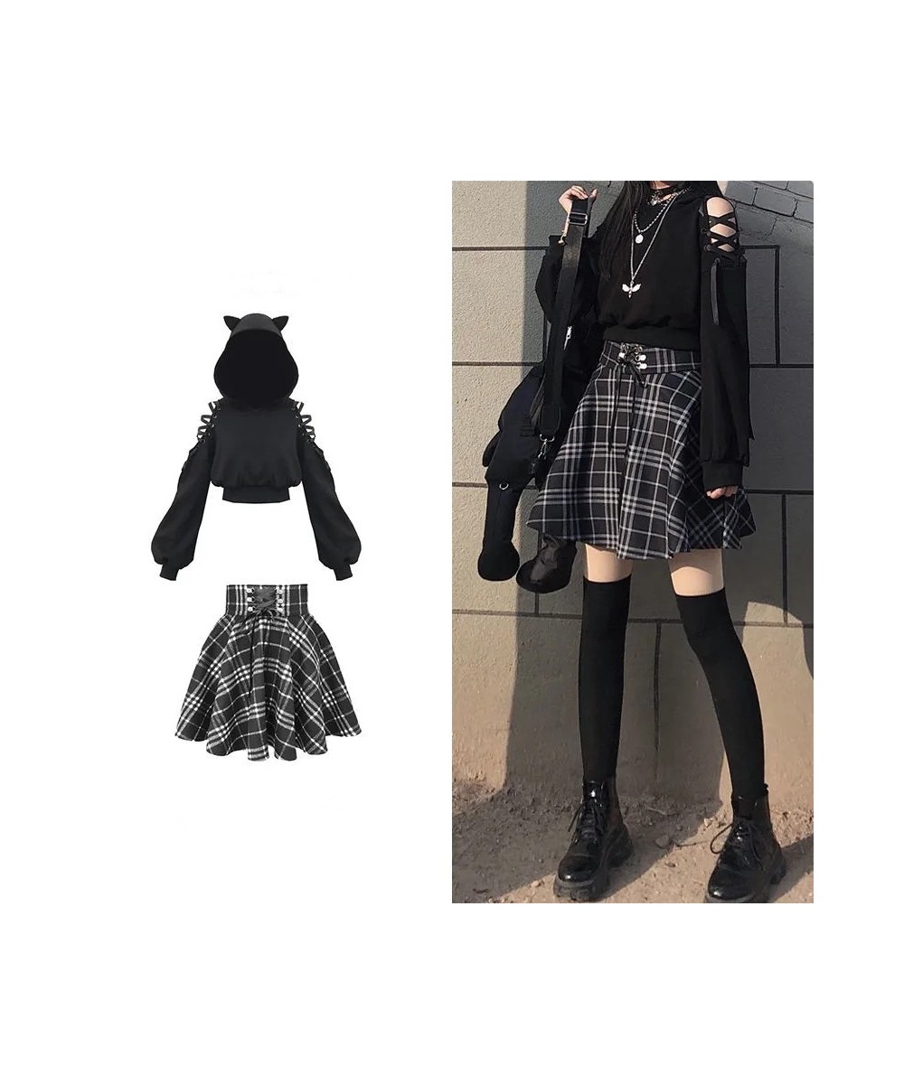 Black Japanese sweet girl raw cute cat ears hooded sweater high waist skirt spring suit two-piece women's clothing $47.36 - S...