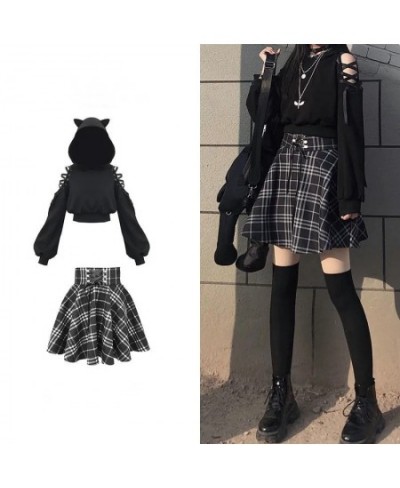 Black Japanese sweet girl raw cute cat ears hooded sweater high waist skirt spring suit two-piece women's clothing $47.36 - S...