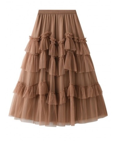 Women Tulle Long Skirt 2023 Spring Summer Fashion Tiered Mesh A Line High Waist Pleated Maxi Skirt Female Green Khaki $39.89 ...