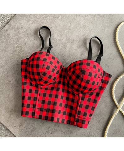 Vintage Spaghetti Strap Tanks Camis for Women Almighty Casual Plaid Patchwork Femme Croset Crop Tops with Built In Bras $30.9...