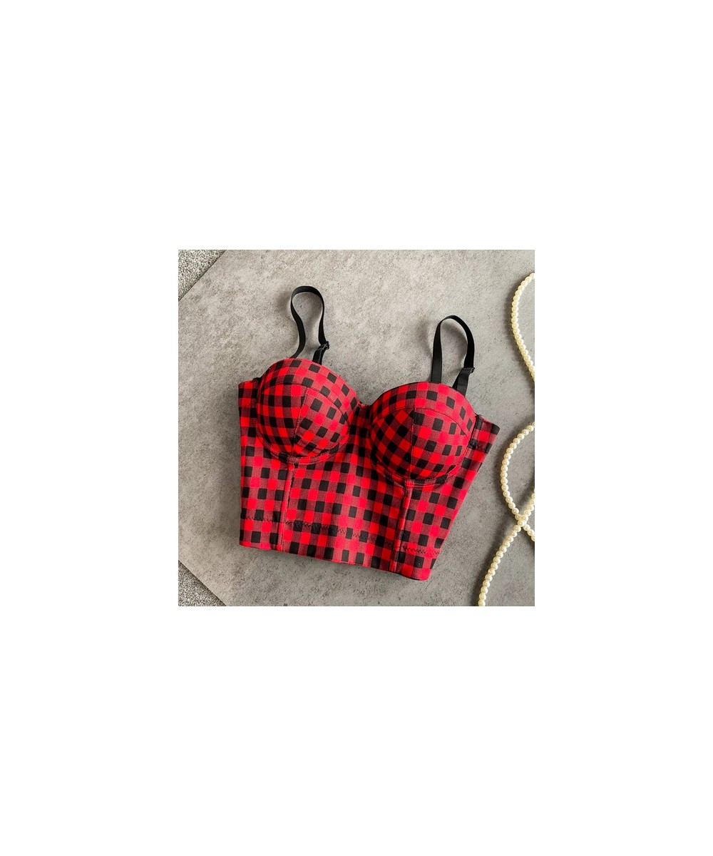 Vintage Spaghetti Strap Tanks Camis for Women Almighty Casual Plaid Patchwork Femme Croset Crop Tops with Built In Bras $30.9...