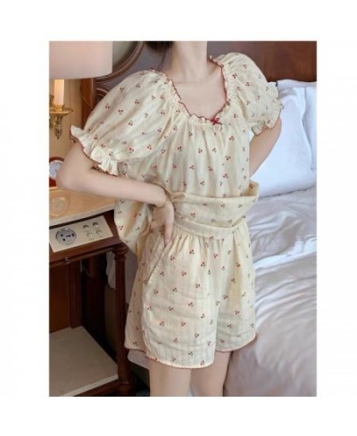 100% Cotton Sleepwear Korean Pajamas for Women Summer 2023 Pijama Cherry Print Pyjamas Female Set Woman 2 Piece Cute Loungewe...