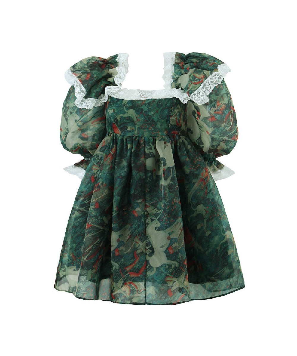 Princess Green Flower Organza Dress Splice Lace Ruffles Shoulder Half Puff Sleeve Women Fairy Mini Robe Palace $57.01 - Dresses