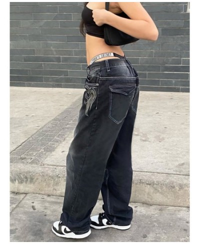 Harajuku Printed Cargo Jeans Y2K Dark Blue Brown High Waist Streetwear 90S Baggy Trousers Women Pants Straight Wide Leg Pants...