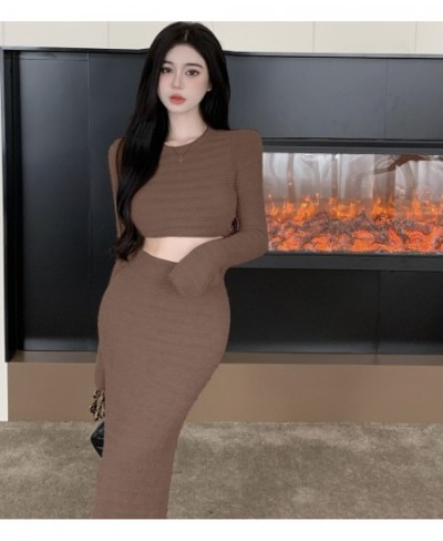 New Fashion Women 2 Piece Set Autumn Winter Mohair Knitted Sweater Long Sleeve Crop Top + Pencil Skirt Elegant Party Suit $47...