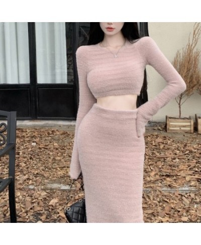 New Fashion Women 2 Piece Set Autumn Winter Mohair Knitted Sweater Long Sleeve Crop Top + Pencil Skirt Elegant Party Suit $47...