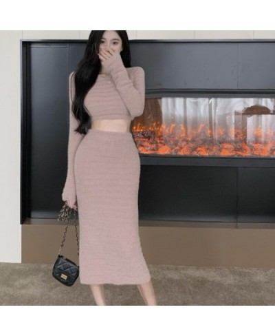 New Fashion Women 2 Piece Set Autumn Winter Mohair Knitted Sweater Long Sleeve Crop Top + Pencil Skirt Elegant Party Suit $47...