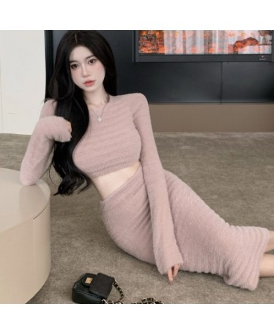 New Fashion Women 2 Piece Set Autumn Winter Mohair Knitted Sweater Long Sleeve Crop Top + Pencil Skirt Elegant Party Suit $47...