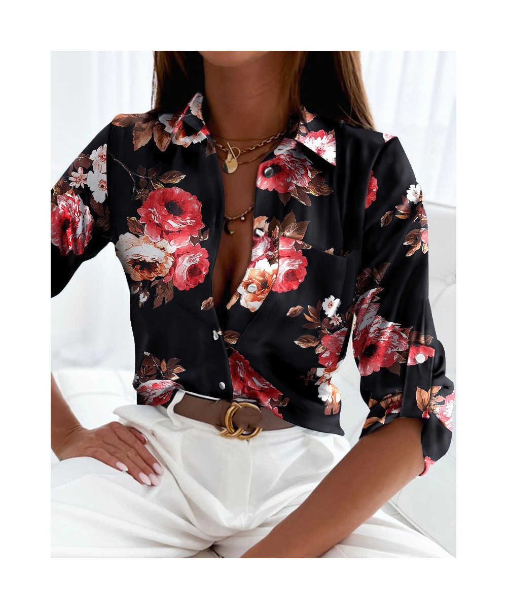 Women Chic Blouses Elegant Turn Down Collar Letter Patten Pocket Roll Tab Long Sleeves Button Shirt Female Working Blouse Top...