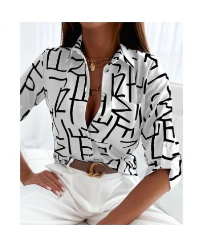 Women Chic Blouses Elegant Turn Down Collar Letter Patten Pocket Roll Tab Long Sleeves Button Shirt Female Working Blouse Top...