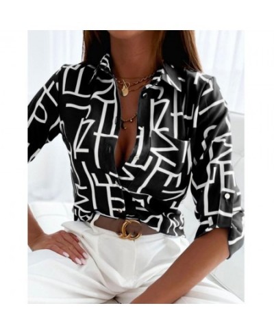 Women Chic Blouses Elegant Turn Down Collar Letter Patten Pocket Roll Tab Long Sleeves Button Shirt Female Working Blouse Top...