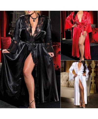 Sexy Lace Robe Simulation Silk Lace Long Sleepwear See Through Robe Nightwear Gown Bathrobe Black White Nightdress $22.28 - S...