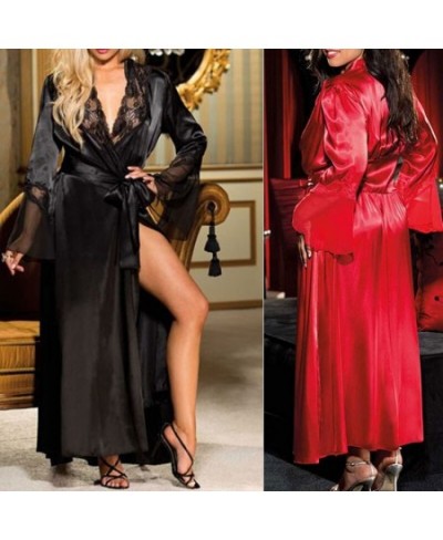 Sexy Lace Robe Simulation Silk Lace Long Sleepwear See Through Robe Nightwear Gown Bathrobe Black White Nightdress $22.28 - S...