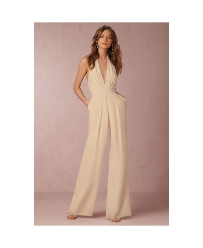 Low Cut Halter V Neck Wide Leg Maxi Floor Length Jumpsuit Women Sleeveless Rompers Backless Elegant Jumpsuit Summer Office $4...