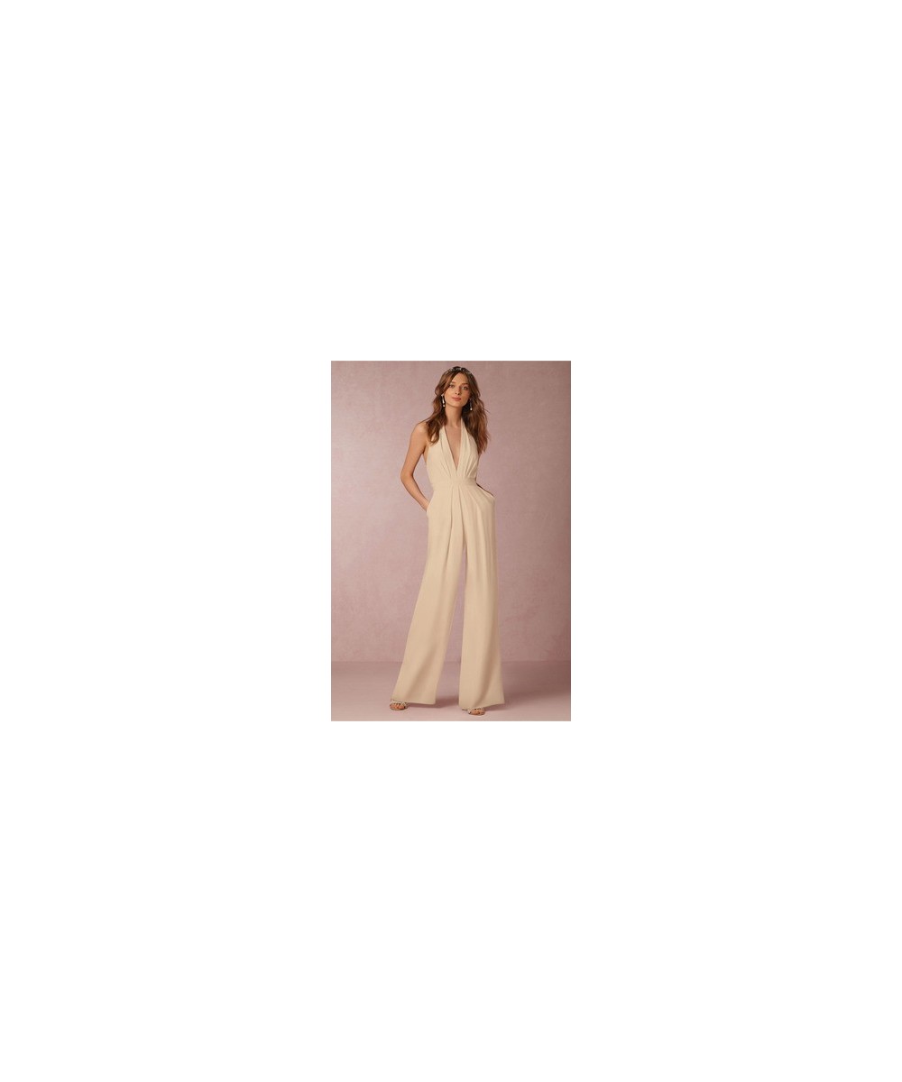 Low Cut Halter V Neck Wide Leg Maxi Floor Length Jumpsuit Women Sleeveless Rompers Backless Elegant Jumpsuit Summer Office $4...