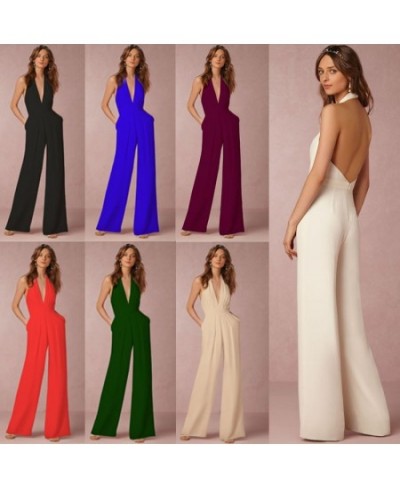 Low Cut Halter V Neck Wide Leg Maxi Floor Length Jumpsuit Women Sleeveless Rompers Backless Elegant Jumpsuit Summer Office $4...