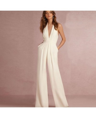 Low Cut Halter V Neck Wide Leg Maxi Floor Length Jumpsuit Women Sleeveless Rompers Backless Elegant Jumpsuit Summer Office $4...