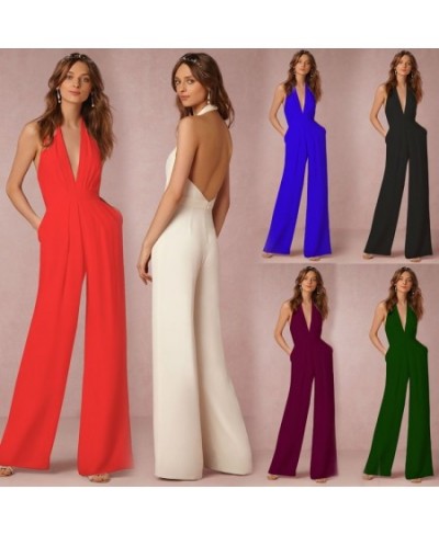 Low Cut Halter V Neck Wide Leg Maxi Floor Length Jumpsuit Women Sleeveless Rompers Backless Elegant Jumpsuit Summer Office $4...