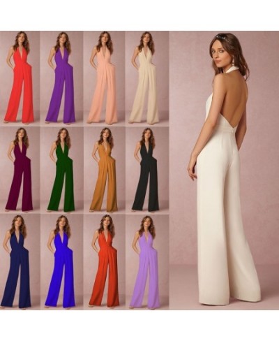 Low Cut Halter V Neck Wide Leg Maxi Floor Length Jumpsuit Women Sleeveless Rompers Backless Elegant Jumpsuit Summer Office $4...