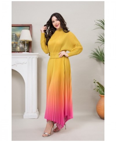 Miyake Pleated Belts Gradient Color Luxury Yellow and Pink Long Sleeve Soft Round Neck Casual Dresses For Women Plus Maxi $84...