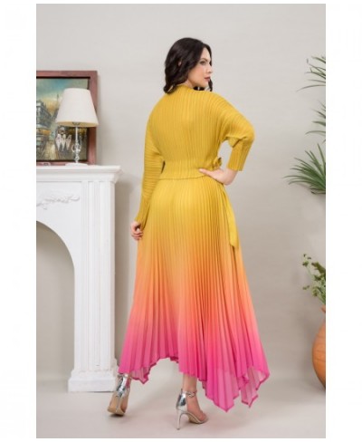 Miyake Pleated Belts Gradient Color Luxury Yellow and Pink Long Sleeve Soft Round Neck Casual Dresses For Women Plus Maxi $84...