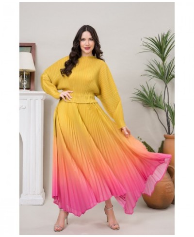 Miyake Pleated Belts Gradient Color Luxury Yellow and Pink Long Sleeve Soft Round Neck Casual Dresses For Women Plus Maxi $84...