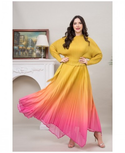 Miyake Pleated Belts Gradient Color Luxury Yellow and Pink Long Sleeve Soft Round Neck Casual Dresses For Women Plus Maxi $84...