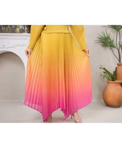 Miyake Pleated Belts Gradient Color Luxury Yellow and Pink Long Sleeve Soft Round Neck Casual Dresses For Women Plus Maxi $84...