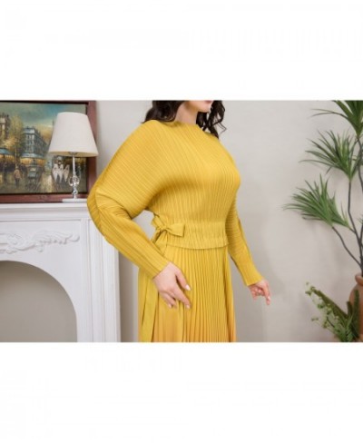 Miyake Pleated Belts Gradient Color Luxury Yellow and Pink Long Sleeve Soft Round Neck Casual Dresses For Women Plus Maxi $84...