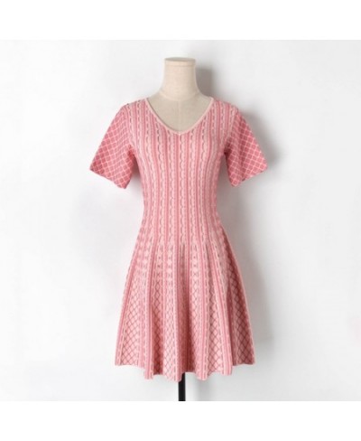 2023 Summer French Cute Pink Knit Sweater Dress Women Sweet Short Sleeve V neck Jacquard Striped Slim Mini Flare A-line Dress...