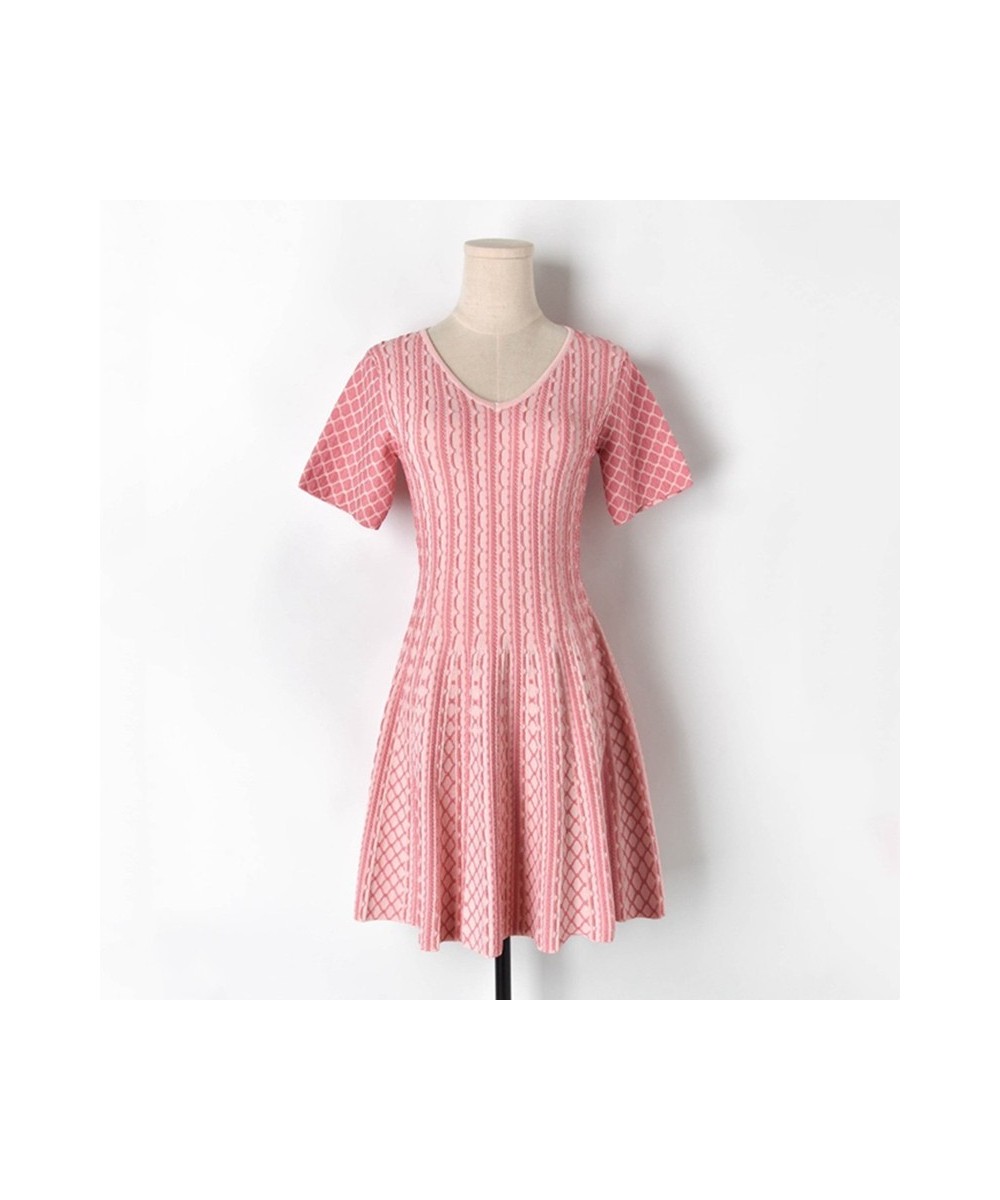 2023 Summer French Cute Pink Knit Sweater Dress Women Sweet Short Sleeve V neck Jacquard Striped Slim Mini Flare A-line Dress...