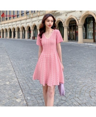 2023 Summer French Cute Pink Knit Sweater Dress Women Sweet Short Sleeve V neck Jacquard Striped Slim Mini Flare A-line Dress...