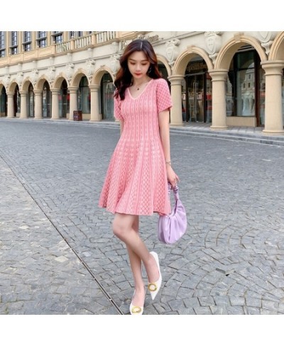 2023 Summer French Cute Pink Knit Sweater Dress Women Sweet Short Sleeve V neck Jacquard Striped Slim Mini Flare A-line Dress...