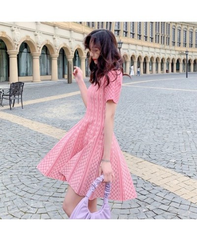 2023 Summer French Cute Pink Knit Sweater Dress Women Sweet Short Sleeve V neck Jacquard Striped Slim Mini Flare A-line Dress...