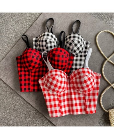 Vintage Spaghetti Strap Tanks Camis for Women Almighty Casual Plaid Patchwork Femme Croset Crop Tops with Built In Bras $30.9...