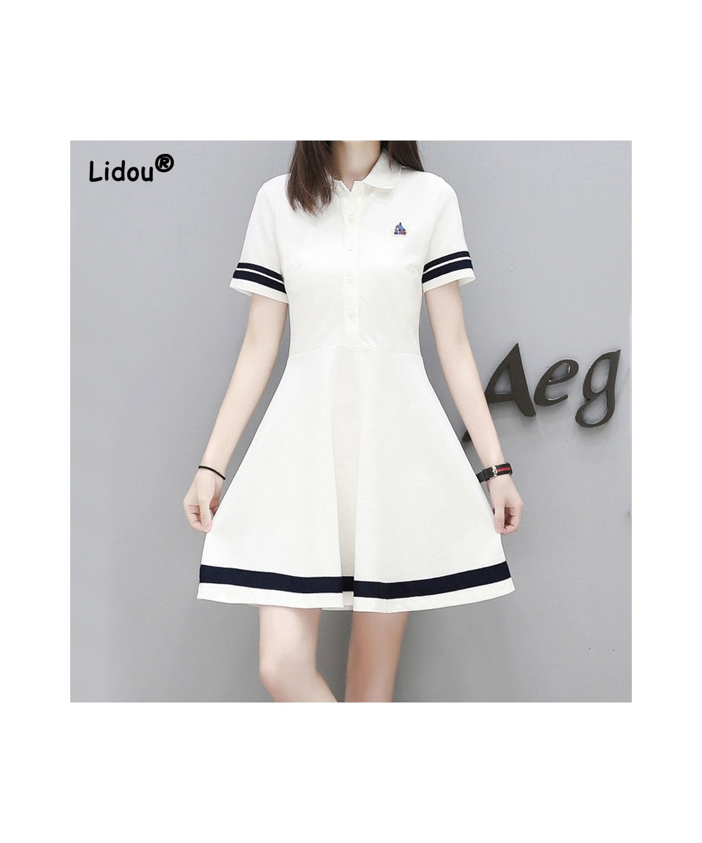 Elegant Fashions Triped Turn-down Button Collar Short Sleeve A-line Skirt Simple Solid Color Summer Dress Women's Clothing 20...