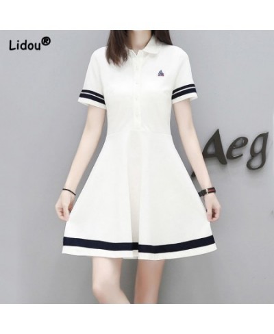 Elegant Fashions Triped Turn-down Button Collar Short Sleeve A-line Skirt Simple Solid Color Summer Dress Women's Clothing 20...