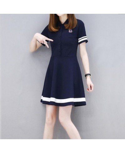 Elegant Fashions Triped Turn-down Button Collar Short Sleeve A-line Skirt Simple Solid Color Summer Dress Women's Clothing 20...