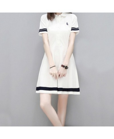 Elegant Fashions Triped Turn-down Button Collar Short Sleeve A-line Skirt Simple Solid Color Summer Dress Women's Clothing 20...