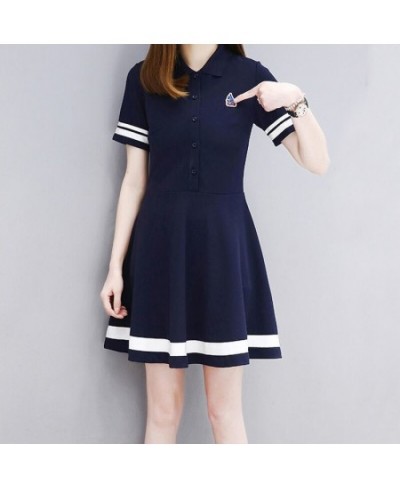 Elegant Fashions Triped Turn-down Button Collar Short Sleeve A-line Skirt Simple Solid Color Summer Dress Women's Clothing 20...