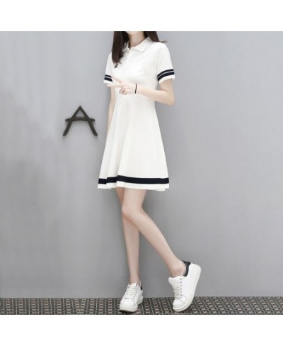 Elegant Fashions Triped Turn-down Button Collar Short Sleeve A-line Skirt Simple Solid Color Summer Dress Women's Clothing 20...