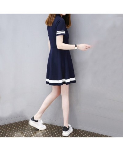 Elegant Fashions Triped Turn-down Button Collar Short Sleeve A-line Skirt Simple Solid Color Summer Dress Women's Clothing 20...