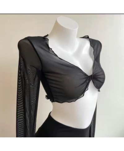 Fashion Elegant Women Sexy See Through Solid Cardigans Long Sleeve Mesh Vintage Lace Up Crop Tops Streetwear Short Cardigans ...