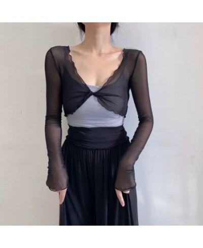 Fashion Elegant Women Sexy See Through Solid Cardigans Long Sleeve Mesh Vintage Lace Up Crop Tops Streetwear Short Cardigans ...