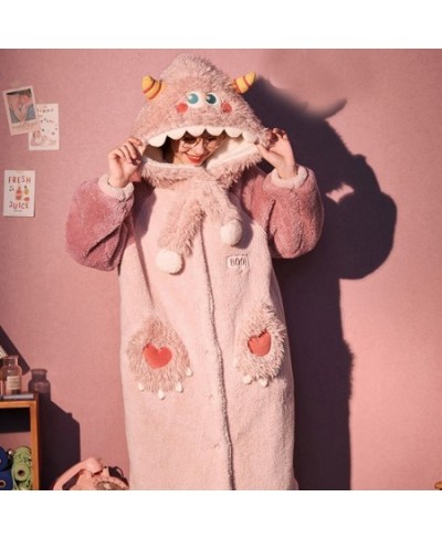 Women's Winter Flannel Hooded Pajamas Long Warm Nightdress Cartoon Monster Sleepwear Winter Thicken Nightgown Girl's Homewear...